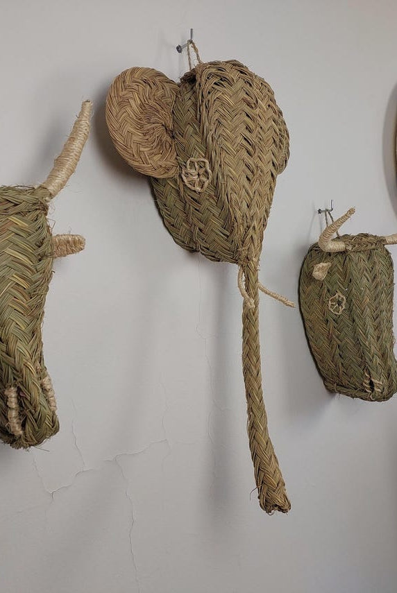 Set Of 3 Handwoven Bull , Elephant , Goat Heads Wall Hanging – Custom Rattan Wall Art, Boho Nursery Decor, Moroccan Palm Leaf Animal Head MoroccanBazzArts