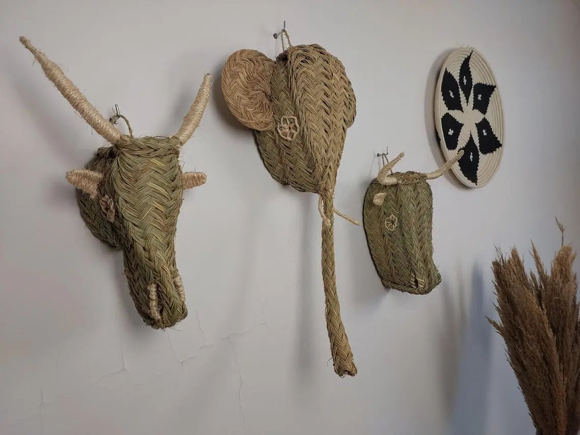 Set Of 3 Handwoven Bull , Elephant , Goat Heads Wall Hanging – Custom Rattan Wall Art, Boho Nursery Decor, Moroccan Palm Leaf Animal Head MoroccanBazzArts