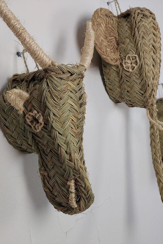 Set Of 3 Handwoven Bull , Elephant , Goat Heads Wall Hanging – Custom Rattan Wall Art, Boho Nursery Decor, Moroccan Palm Leaf Animal Head MoroccanBazzArts