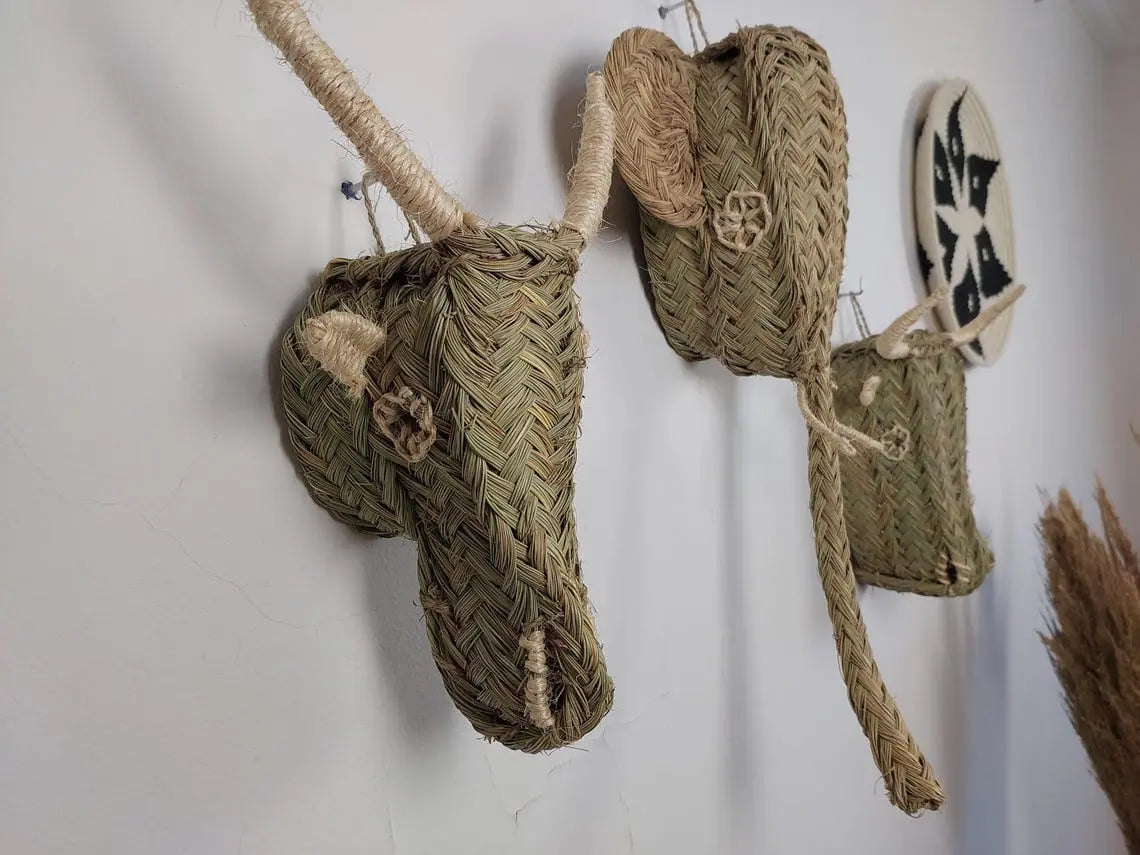 Set Of 3 Handwoven Bull , Elephant , Goat Heads Wall Hanging – Custom Rattan Wall Art, Boho Nursery Decor, Moroccan Palm Leaf Animal Head MoroccanBazzArts