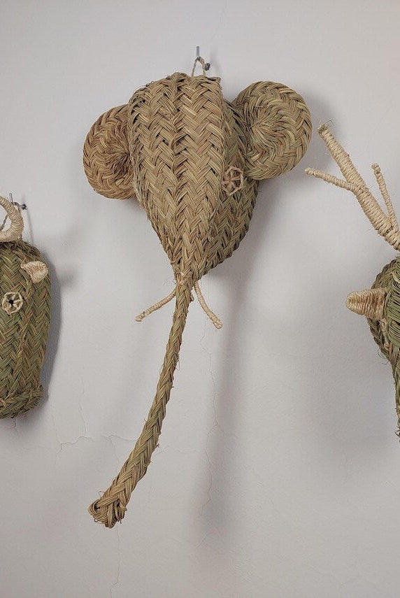 Set of 3 Handwoven bull , elephant , deer Heads Wall Hanging – Custom Rattan Wall Art, Boho Nursery Decor, Moroccan Palm Leaf Animal Head MoroccanBazzArts