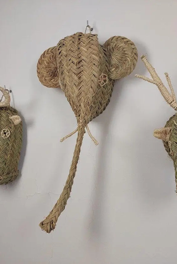 Set of 3 Handwoven bull , elephant , deer Heads Wall Hanging – Custom Rattan Wall Art, Boho Nursery Decor, Moroccan Palm Leaf Animal Head MoroccanBazzArts