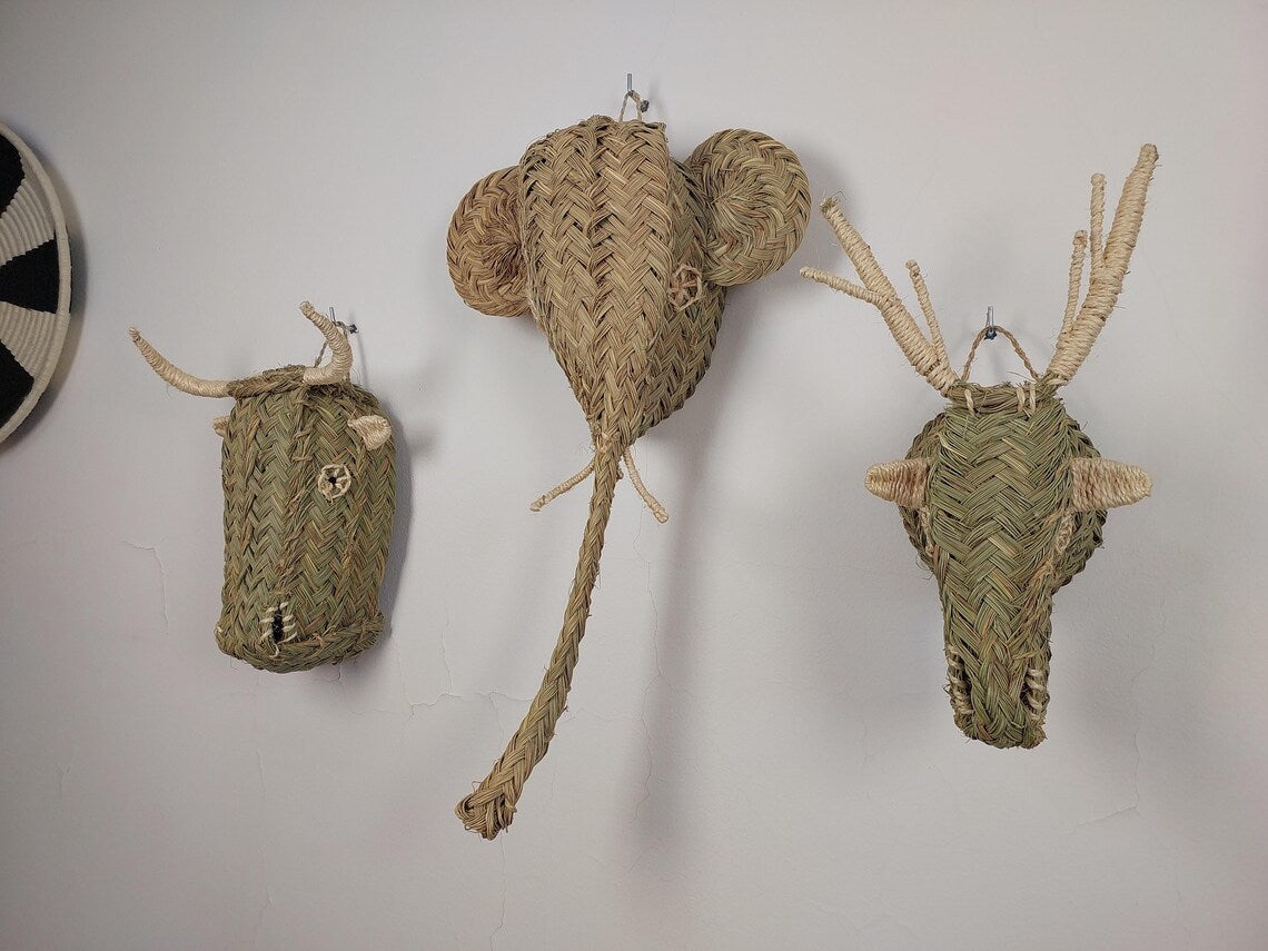 Set of 3 Handwoven bull , elephant , deer Heads Wall Hanging – Custom Rattan Wall Art, Boho Nursery Decor, Moroccan Palm Leaf Animal Head MoroccanBazzArts