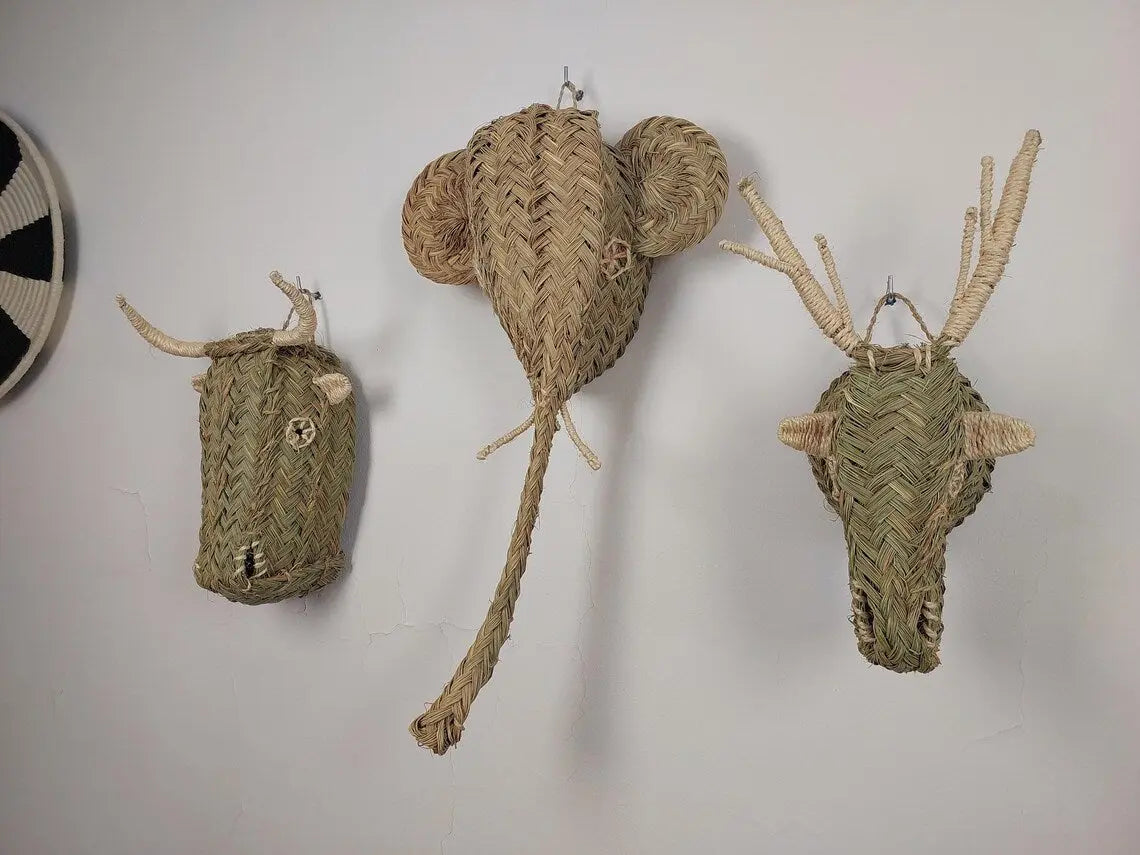 Set of 3 Handwoven bull , elephant , deer Heads Wall Hanging – Custom Rattan Wall Art, Boho Nursery Decor, Moroccan Palm Leaf Animal Head MoroccanBazzArts