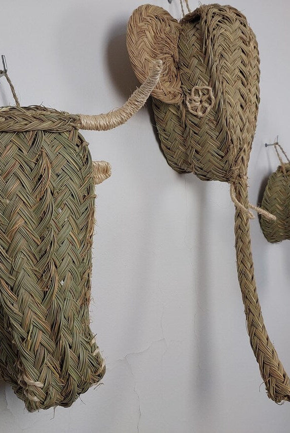 Set of 3 Handwoven bull , elephant , deer Heads Wall Hanging – Custom Rattan Wall Art, Boho Nursery Decor, Moroccan Palm Leaf Animal Head MoroccanBazzArts