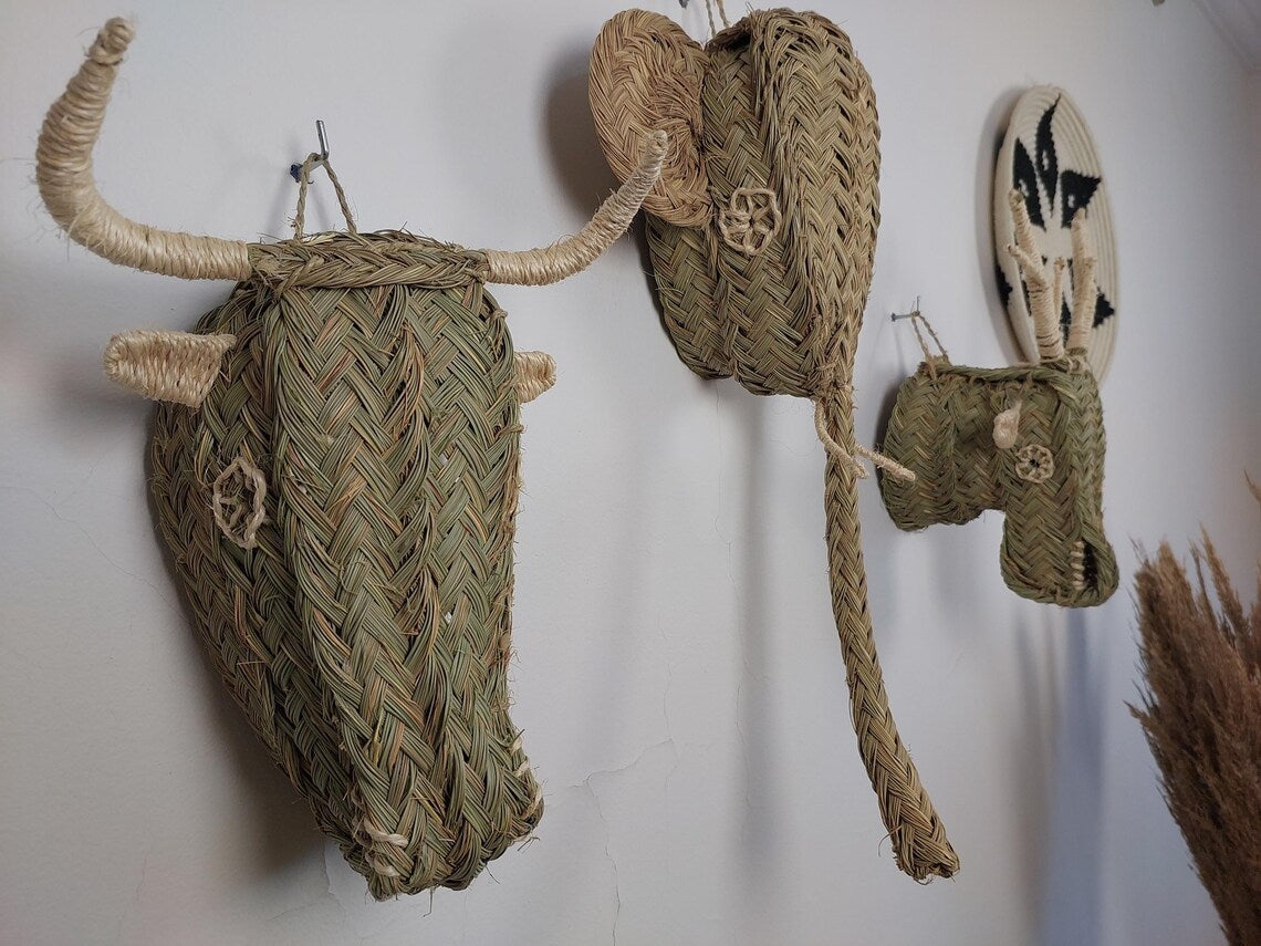 Set of 3 Handwoven bull , elephant , deer Heads Wall Hanging – Custom Rattan Wall Art, Boho Nursery Decor, Moroccan Palm Leaf Animal Head MoroccanBazzArts