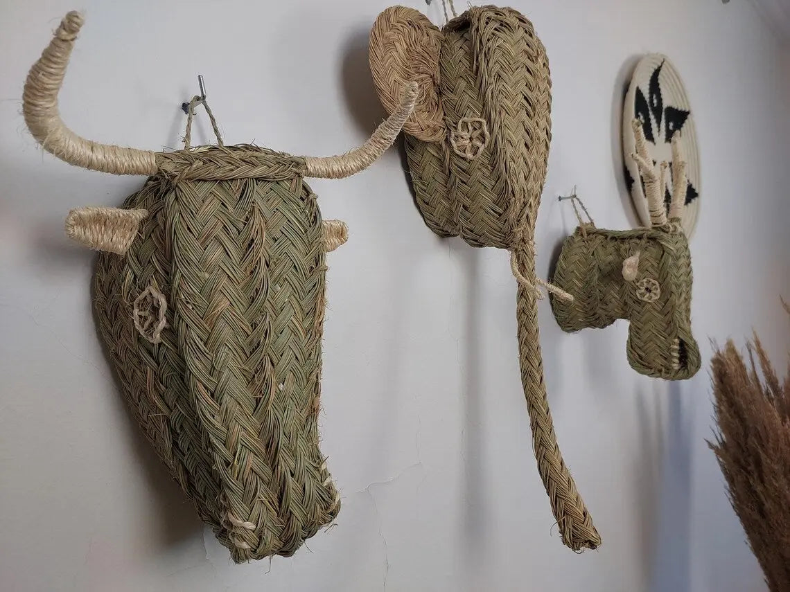Set of 3 Handwoven bull , elephant , deer Heads Wall Hanging – Custom Rattan Wall Art, Boho Nursery Decor, Moroccan Palm Leaf Animal Head MoroccanBazzArts