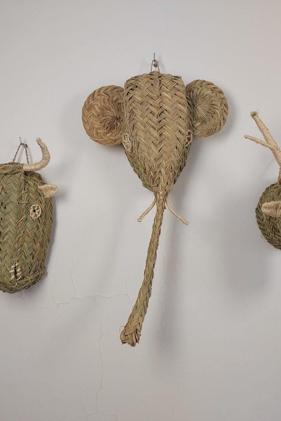 Set of 3 Handwoven bull , elephant , deer Heads Wall Hanging – Custom Rattan Wall Art, Boho Nursery Decor, Moroccan Palm Leaf Animal Head MoroccanBazzArts