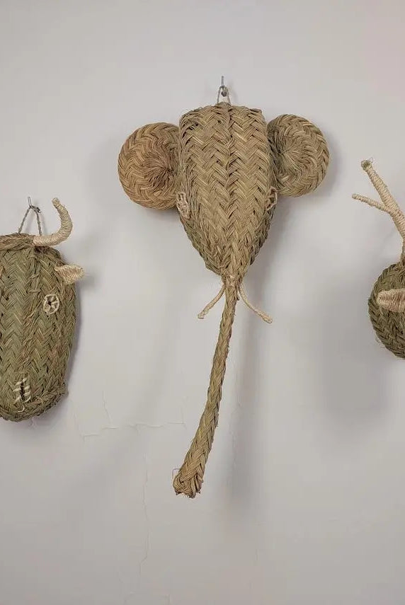 Set of 3 Handwoven bull , elephant , deer Heads Wall Hanging – Custom Rattan Wall Art, Boho Nursery Decor, Moroccan Palm Leaf Animal Head MoroccanBazzArts