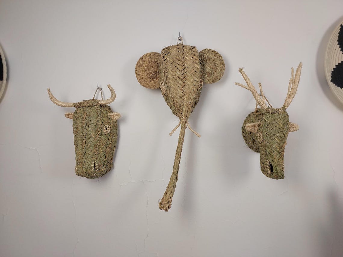 Set of 3 Handwoven bull , elephant , deer Heads Wall Hanging – Custom Rattan Wall Art, Boho Nursery Decor, Moroccan Palm Leaf Animal Head MoroccanBazzArts