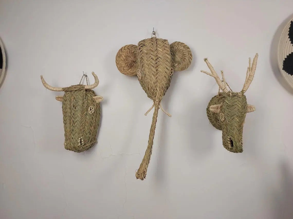 Set of 3 Handwoven bull , elephant , deer Heads Wall Hanging – Custom Rattan Wall Art, Boho Nursery Decor, Moroccan Palm Leaf Animal Head MoroccanBazzArts
