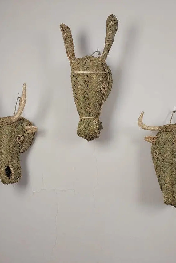 Set of 3 Handwoven bull , goat , Donkey Heads Wall Hanging – Custom Rattan Wall Art, Boho Nursery Decor, Moroccan Palm Leaf Animal Head MoroccanBazzArts