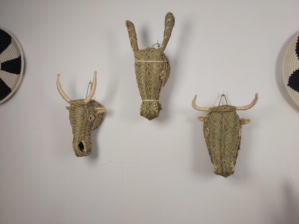 Set of 3 Handwoven bull , goat , Donkey Heads Wall Hanging – Custom Rattan Wall Art, Boho Nursery Decor, Moroccan Palm Leaf Animal Head MoroccanBazzArts