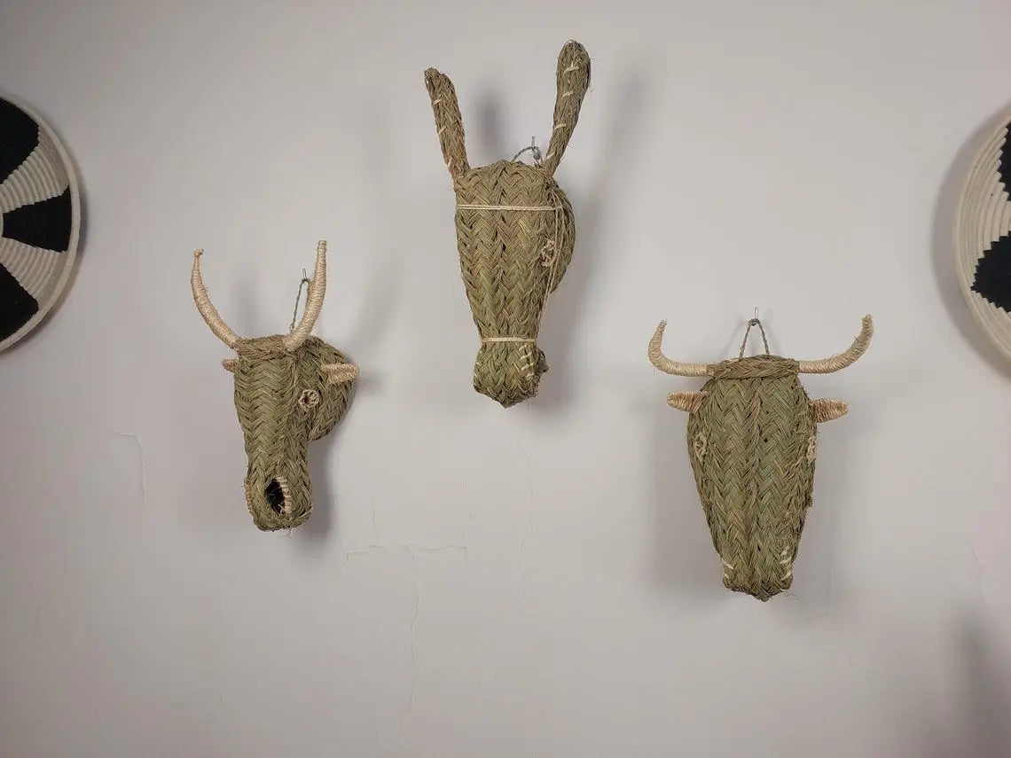 Set of 3 Handwoven bull , goat , Donkey Heads Wall Hanging – Custom Rattan Wall Art, Boho Nursery Decor, Moroccan Palm Leaf Animal Head MoroccanBazzArts