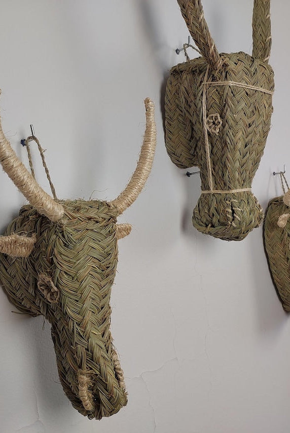 Set of 3 Handwoven bull , goat , Donkey Heads Wall Hanging – Custom Rattan Wall Art, Boho Nursery Decor, Moroccan Palm Leaf Animal Head MoroccanBazzArts