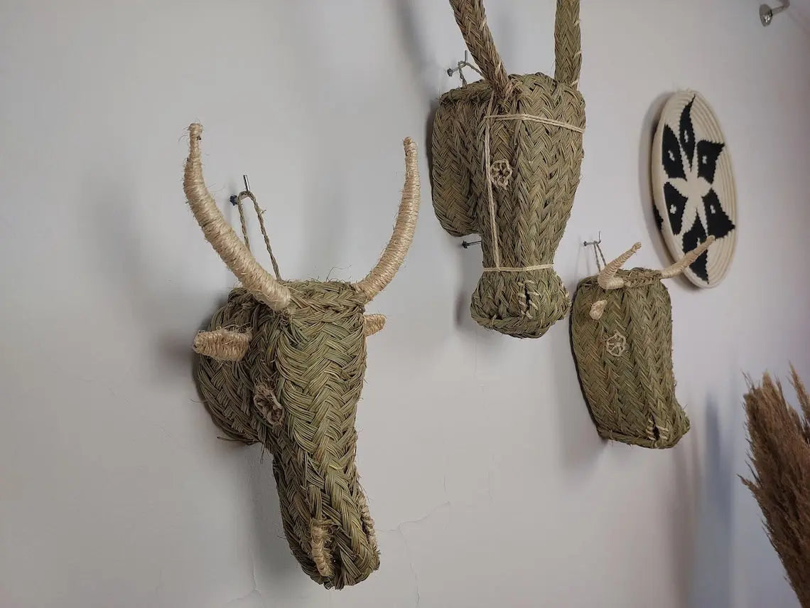Set of 3 Handwoven bull , goat , Donkey Heads Wall Hanging – Custom Rattan Wall Art, Boho Nursery Decor, Moroccan Palm Leaf Animal Head MoroccanBazzArts
