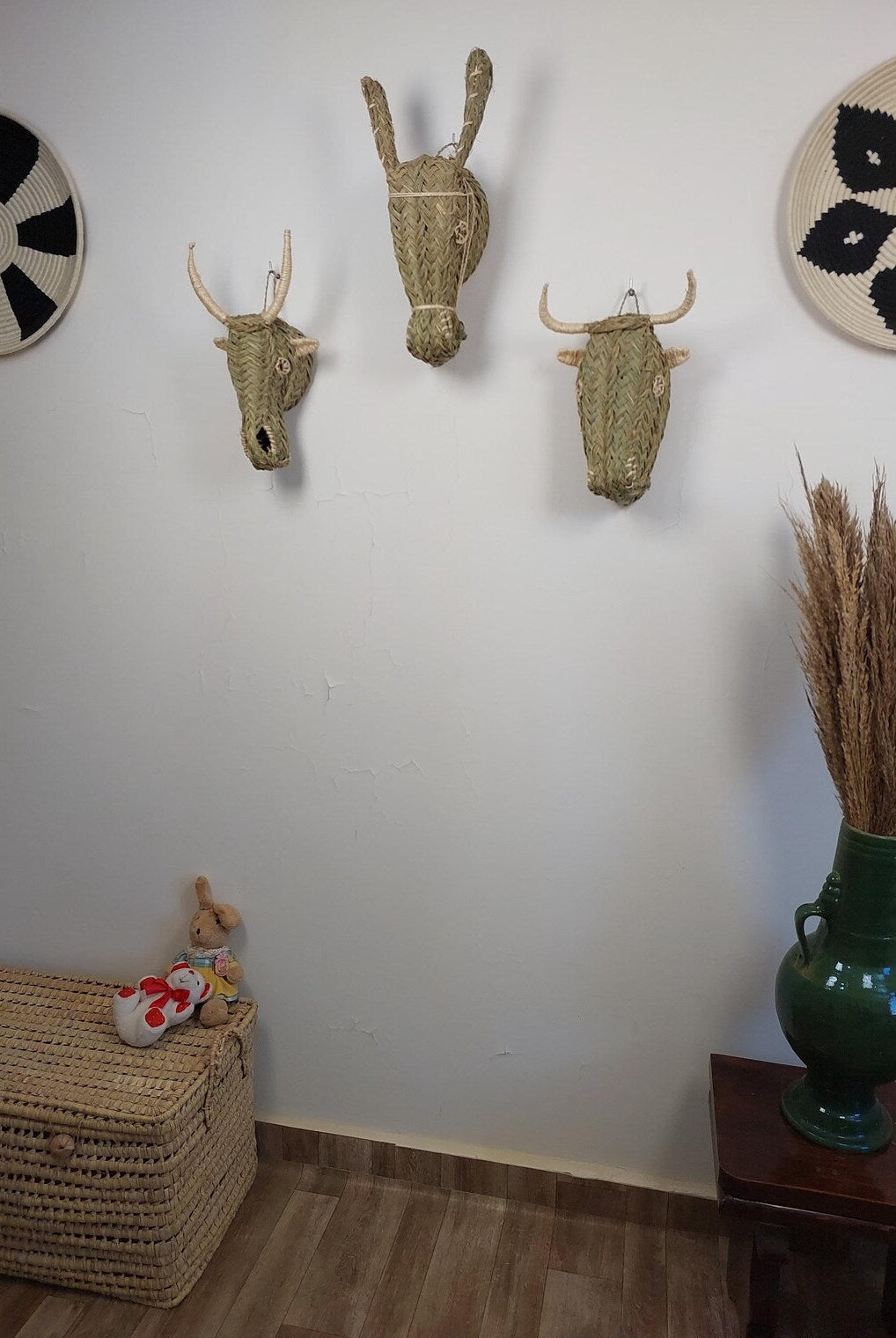 Set of 3 Handwoven bull , goat , Donkey Heads Wall Hanging – Custom Rattan Wall Art, Boho Nursery Decor, Moroccan Palm Leaf Animal Head MoroccanBazzArts
