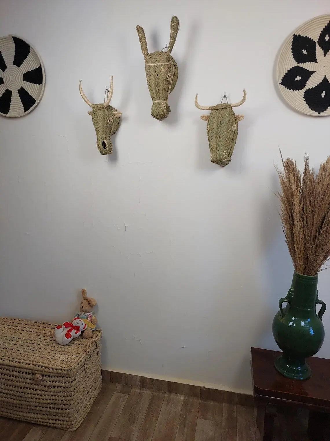 Set of 3 Handwoven bull , goat , Donkey Heads Wall Hanging – Custom Rattan Wall Art, Boho Nursery Decor, Moroccan Palm Leaf Animal Head MoroccanBazzArts