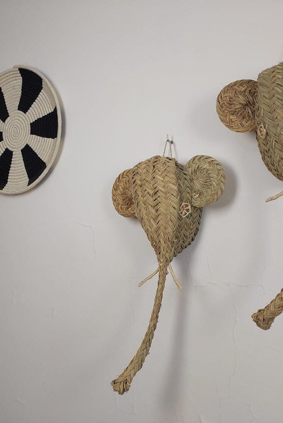 Set of two Handwoven elephant Head Wall Hanging – Custom Rattan Wall Art, Boho Nursery Decor, Moroccan Palm Leaf Animal Head MoroccanBazzArts