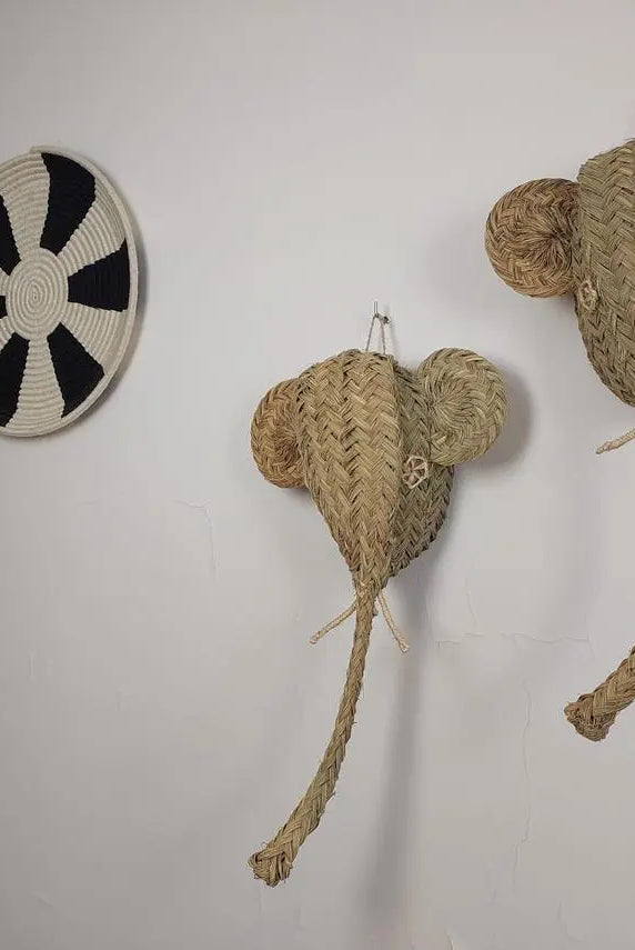 Set of two Handwoven elephant Head Wall Hanging – Custom Rattan Wall Art, Boho Nursery Decor, Moroccan Palm Leaf Animal Head MoroccanBazzArts