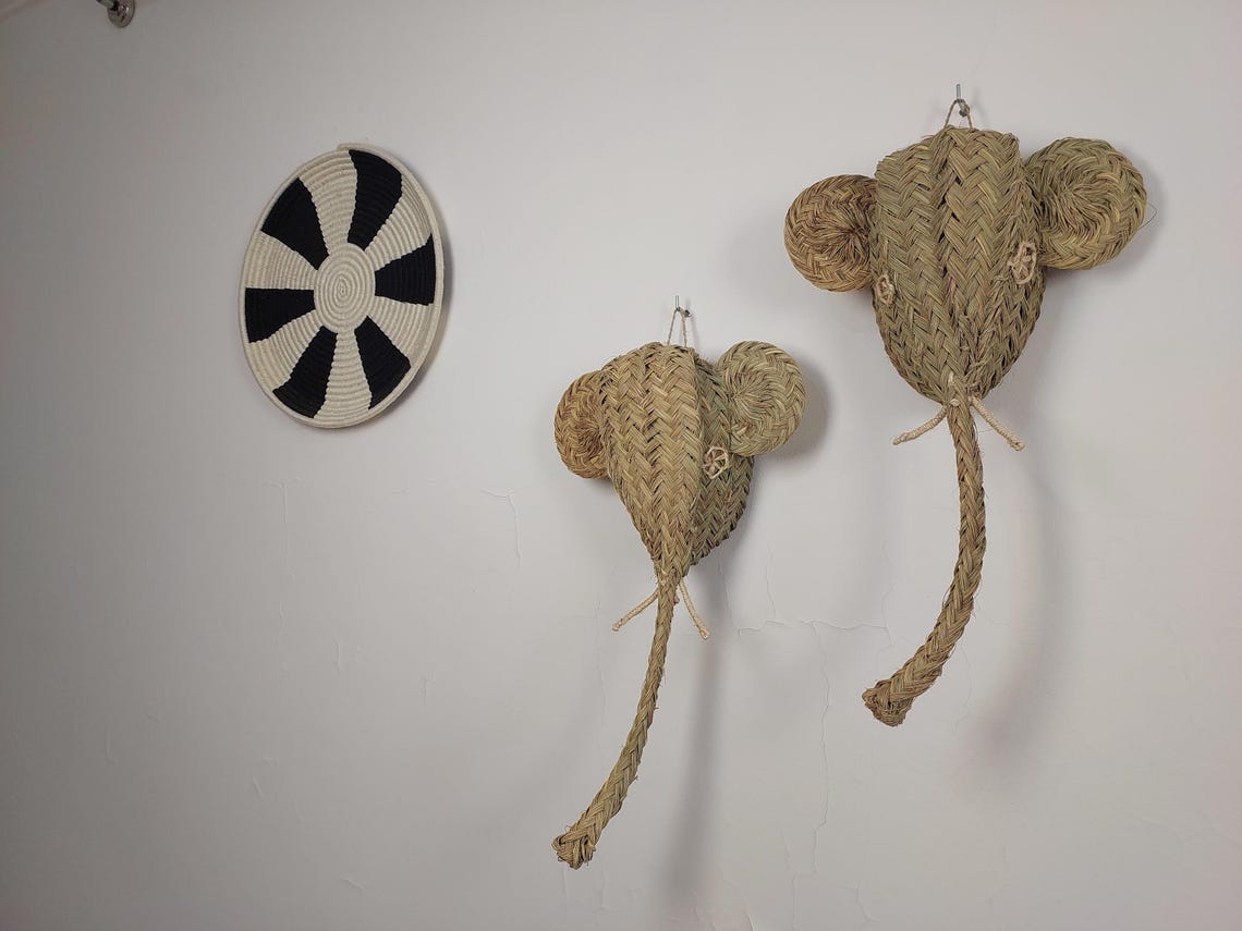 Set of two Handwoven elephant Head Wall Hanging – Custom Rattan Wall Art, Boho Nursery Decor, Moroccan Palm Leaf Animal Head MoroccanBazzArts