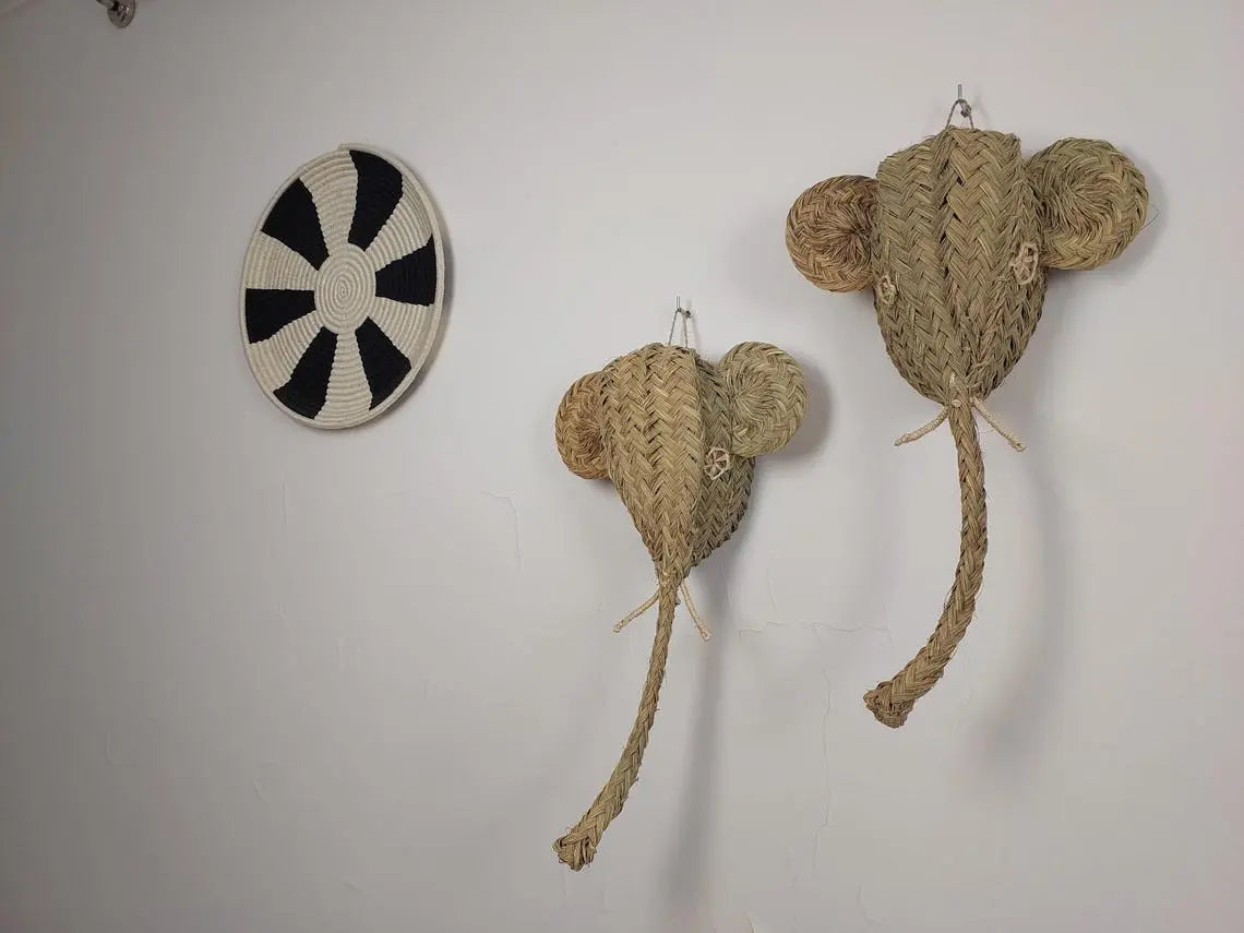 Set of two Handwoven elephant Head Wall Hanging – Custom Rattan Wall Art, Boho Nursery Decor, Moroccan Palm Leaf Animal Head MoroccanBazzArts