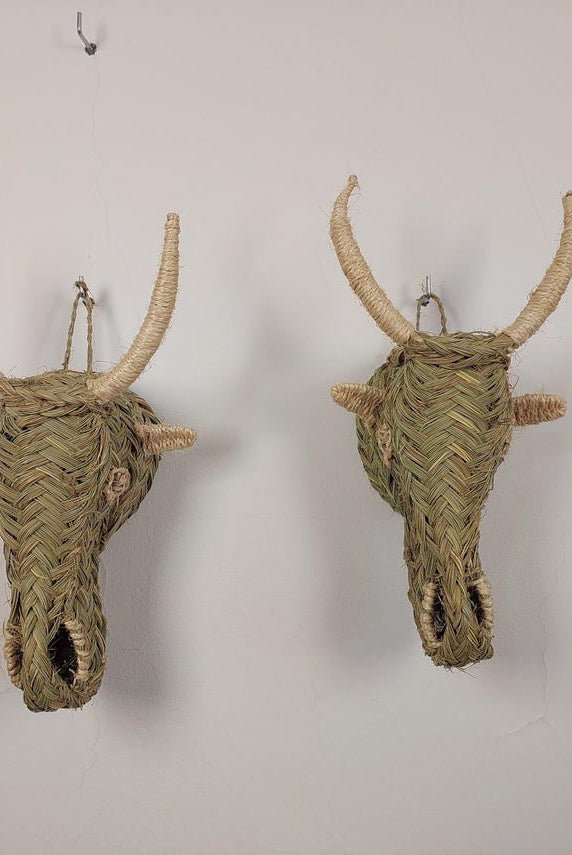 Set Of 2 Goat Head Wall Hangings – Custom Handmade Rattan Animal Head Wall Art, Bohemian Rustic Decor, Moroccan Palm Leaf MoroccanBazzArts