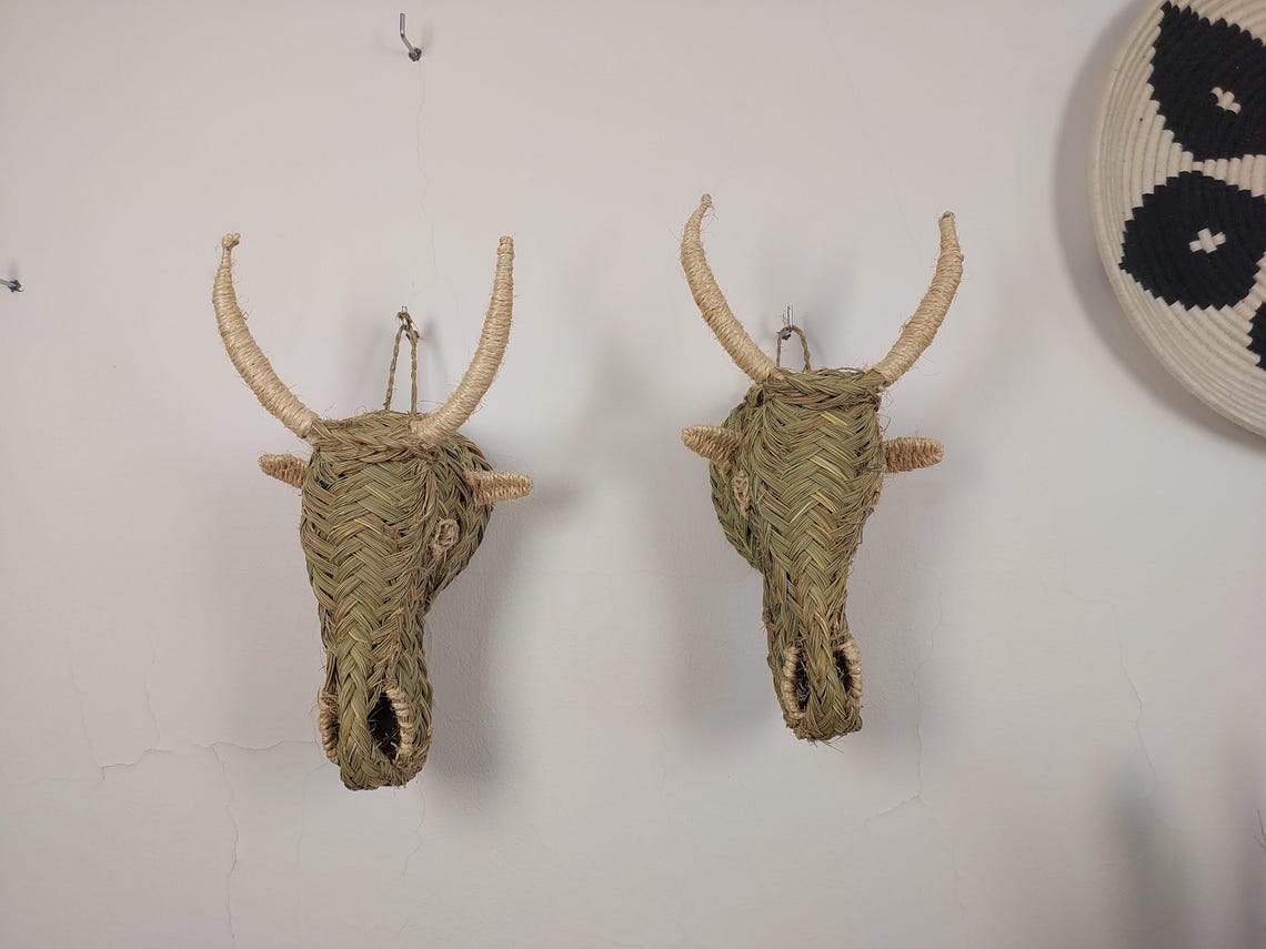 Set Of 2 Goat Head Wall Hangings – Custom Handmade Rattan Animal Head Wall Art, Bohemian Rustic Decor, Moroccan Palm Leaf MoroccanBazzArts