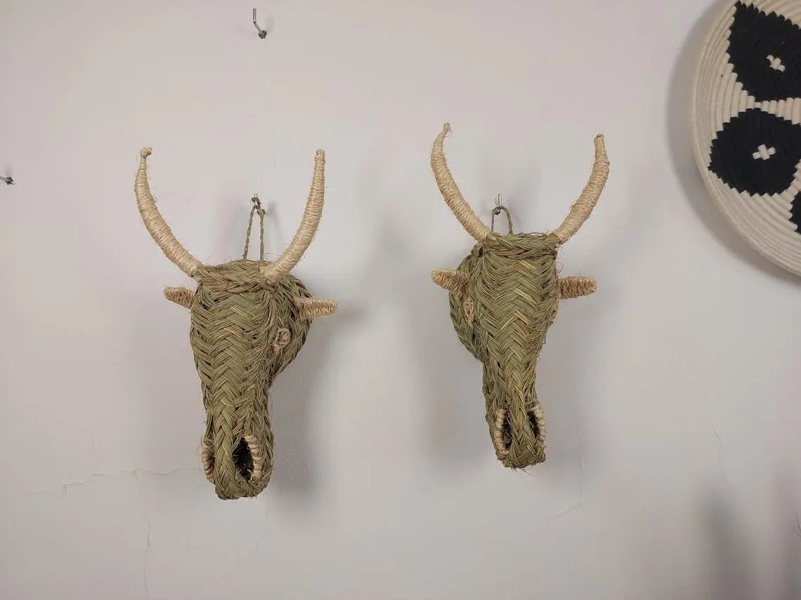 Set Of 2 Goat Head Wall Hangings – Custom Handmade Rattan Animal Head Wall Art, Bohemian Rustic Decor, Moroccan Palm Leaf MoroccanBazzArts