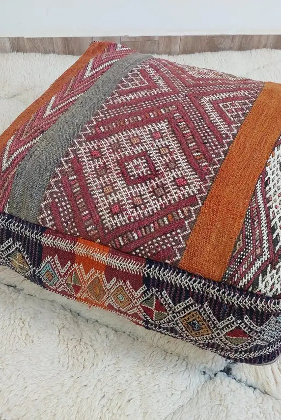 Vintage Moroccan Kilim Floor Pouf: Handmade Berber Wool Cushion Ottoman For Boho Home Decor MoroccanBazzArts