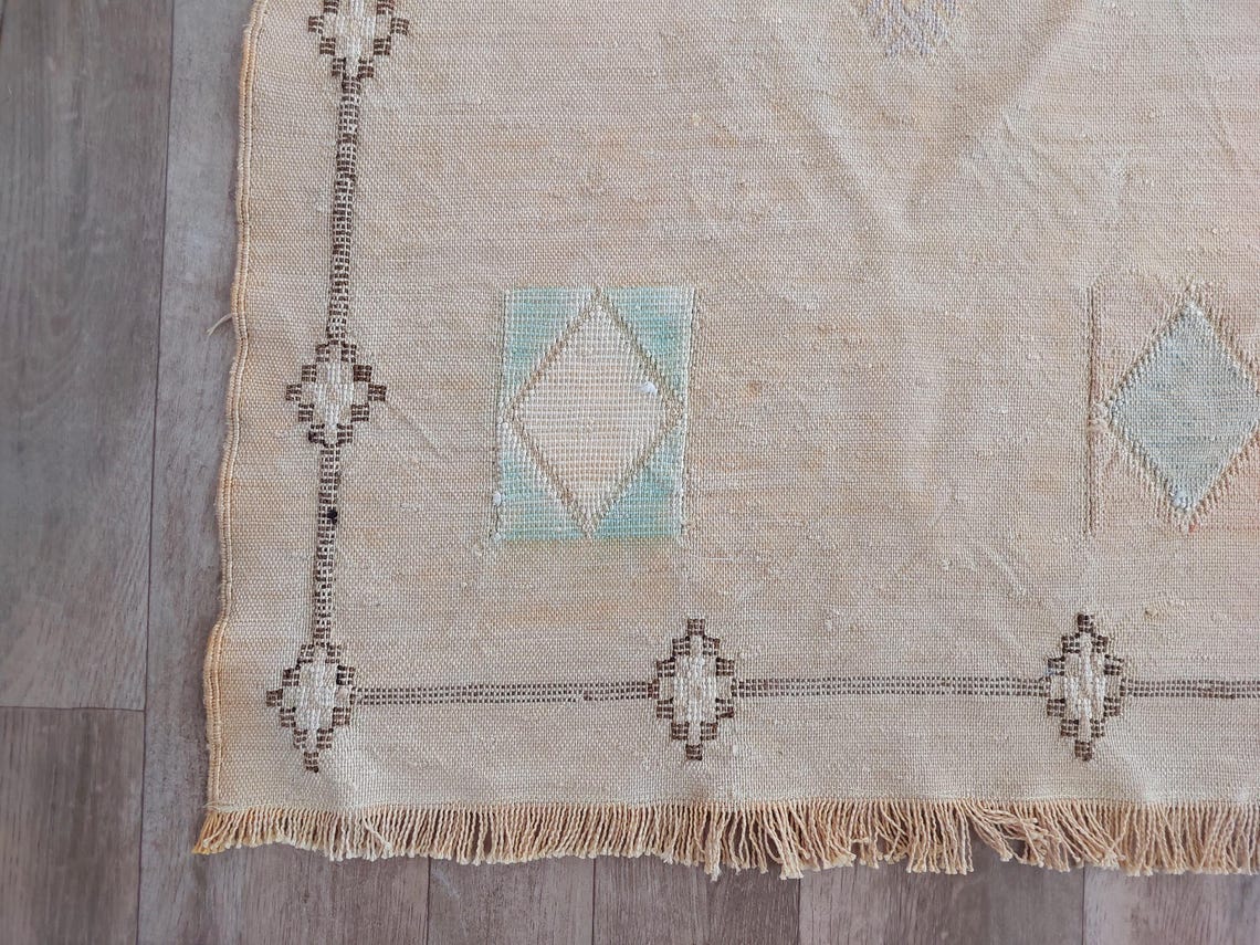 Vintage Moroccan Cactus Silk Rug, Faded Yellow Sabra Rug 4x7 ft, Handmade Boho Carpet, Natural Dye Vintage Textile, Ready to Ship MoroccanBazzArts