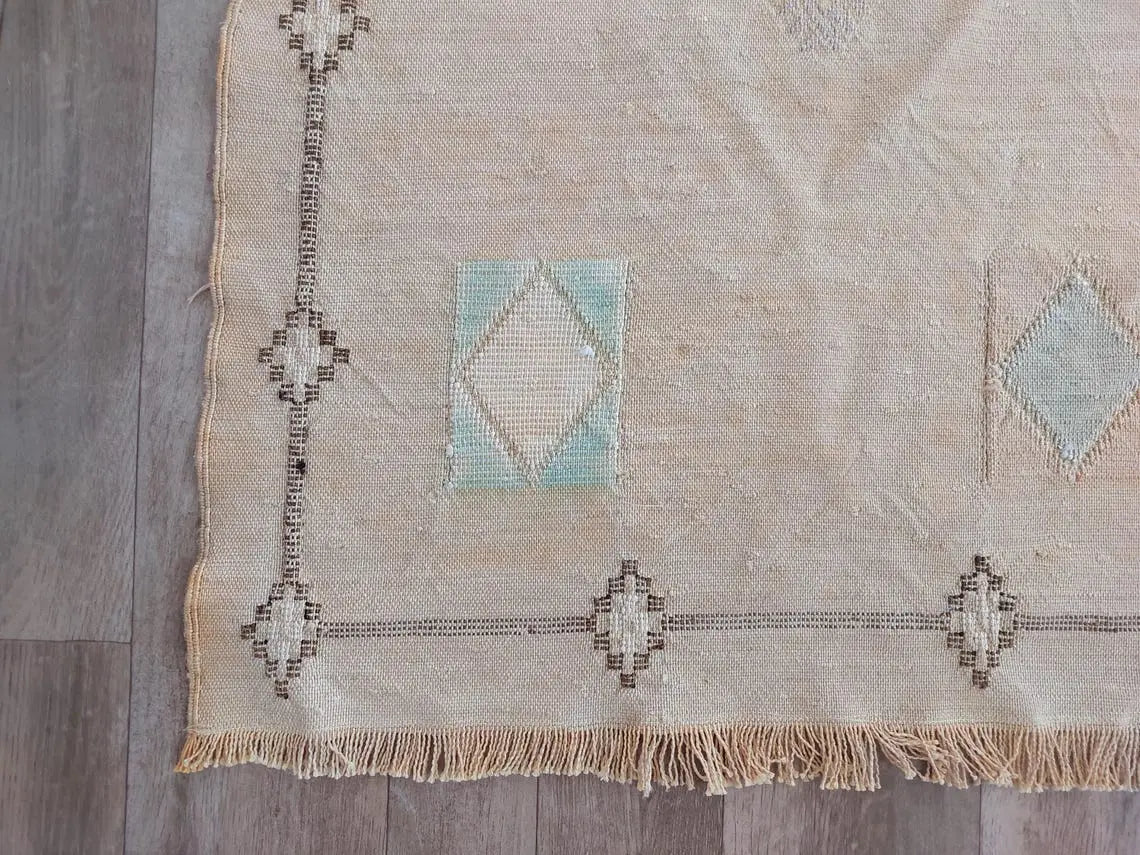 Vintage Moroccan Cactus Silk Rug, Faded Yellow Sabra Rug 4x7 ft, Handmade Boho Carpet, Natural Dye Vintage Textile, Ready to Ship MoroccanBazzArts