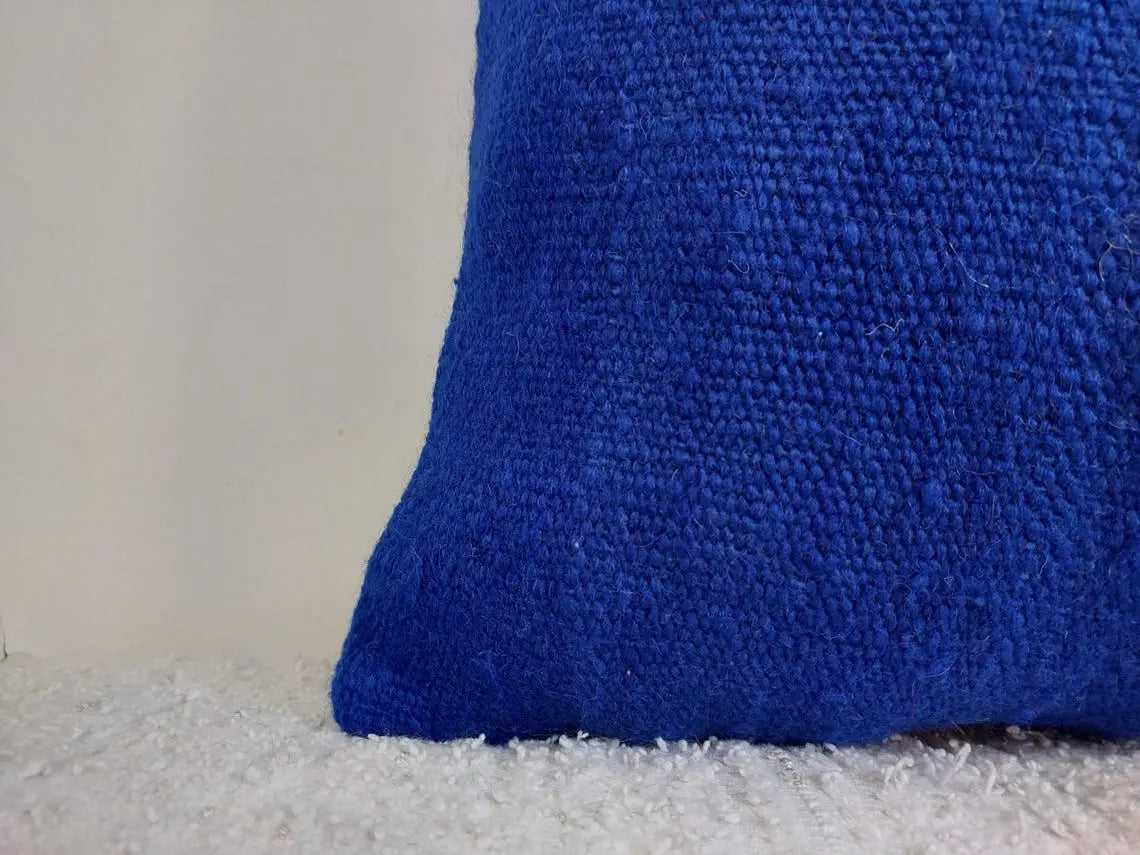 Vintage Blue Wool Pillow Cover 16x24 inches – Handmade from Beni Mguild Blanket with Fringe & Zipper | Moroccan Lumbar Cushion MoroccanBazzArts