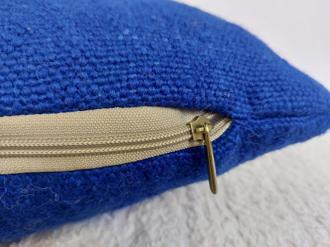 Vintage Blue Wool Pillow Cover 16x24 inches – Handmade from Beni Mguild Blanket with Fringe & Zipper | Moroccan Lumbar Cushion MoroccanBazzArts
