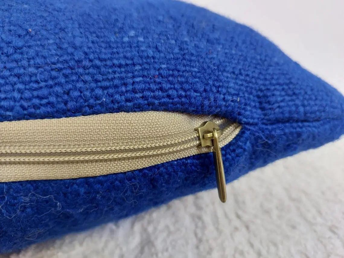 Vintage Blue Wool Pillow Cover 16x24 inches – Handmade from Beni Mguild Blanket with Fringe & Zipper | Moroccan Lumbar Cushion MoroccanBazzArts