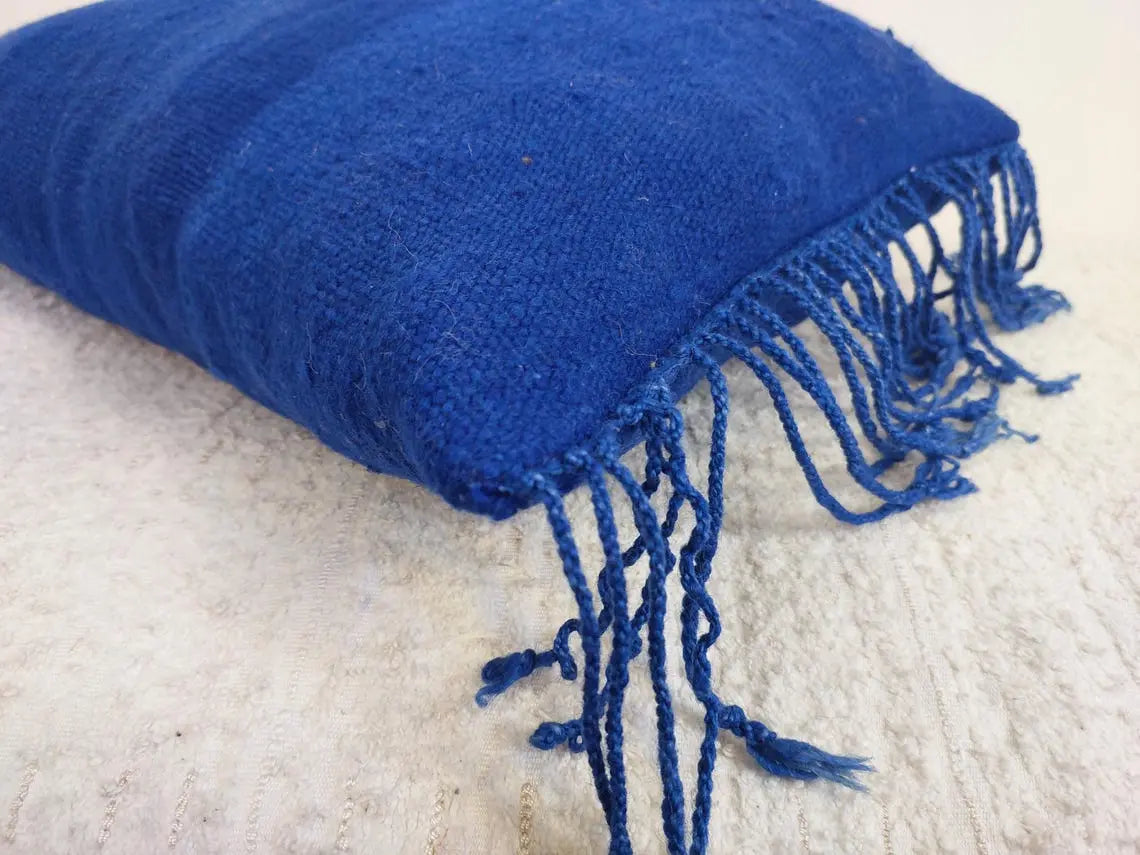 Vintage Blue Wool Pillow Cover 16x24 inches – Handmade from Beni Mguild Blanket with Fringe & Zipper | Moroccan Lumbar Cushion MoroccanBazzArts