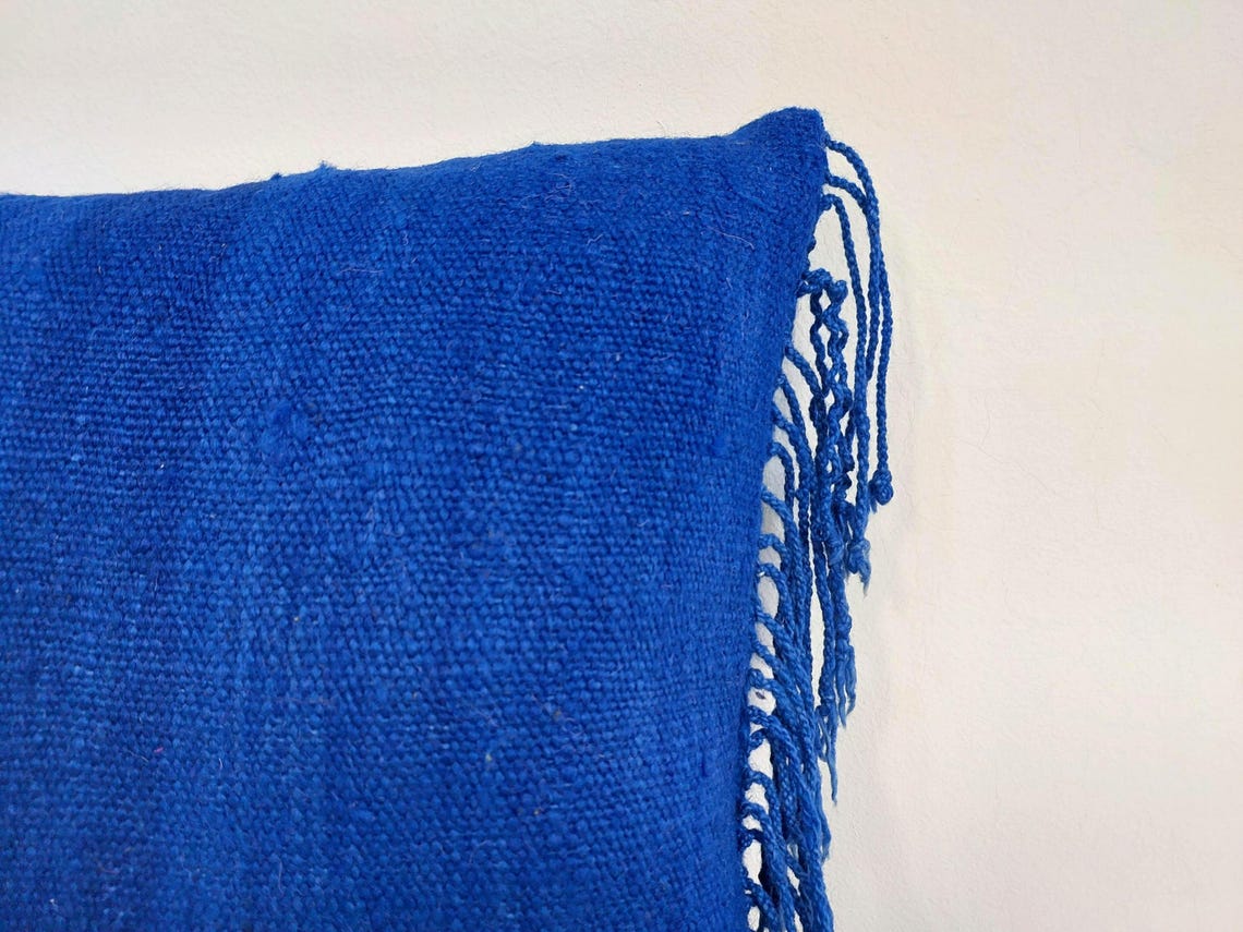 Vintage Blue Wool Pillow Cover 16x24 inches – Handmade from Beni Mguild Blanket with Fringe & Zipper | Moroccan Lumbar Cushion MoroccanBazzArts