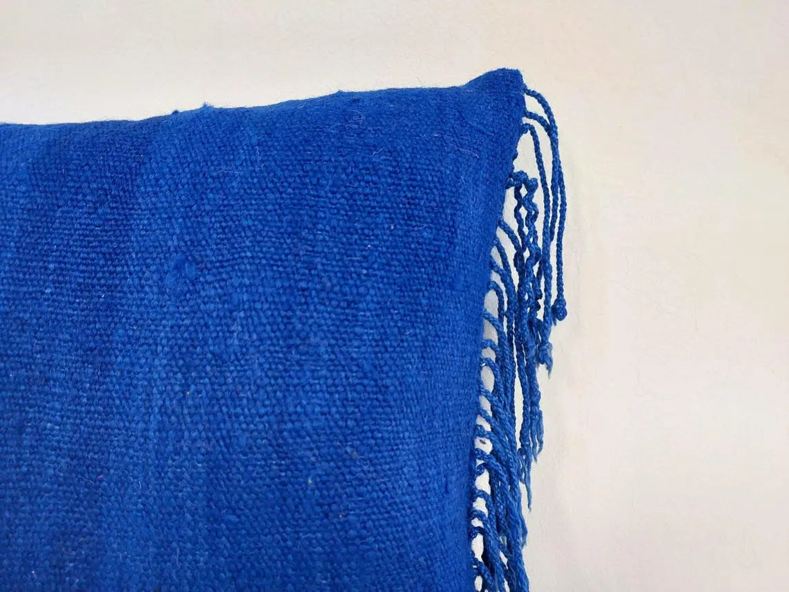 Vintage Blue Wool Pillow Cover 16x24 inches – Handmade from Beni Mguild Blanket with Fringe & Zipper | Moroccan Lumbar Cushion MoroccanBazzArts