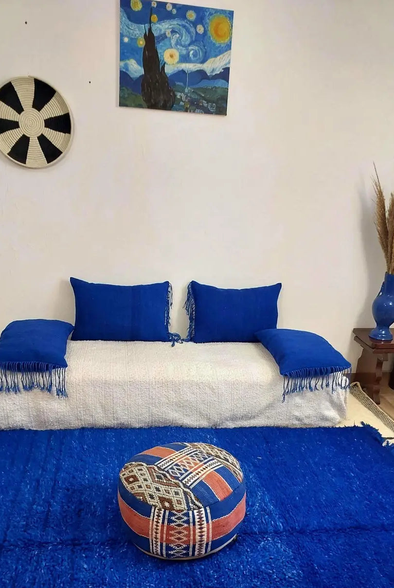 Vintage Blue Wool Pillow Cover 16x24 inches – Handmade from Beni Mguild Blanket with Fringe & Zipper | Moroccan Lumbar Cushion MoroccanBazzArts
