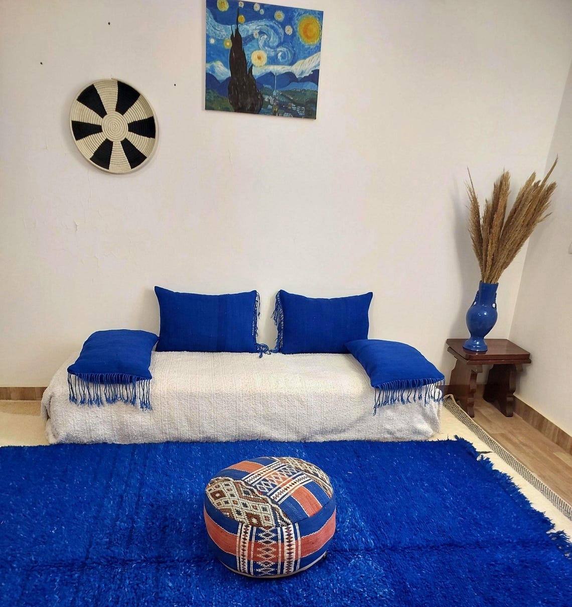 Vintage Blue Wool Pillow Cover 16x24 inches – Handmade from Beni Mguild Blanket with Fringe & Zipper | Moroccan Lumbar Cushion MoroccanBazzArts