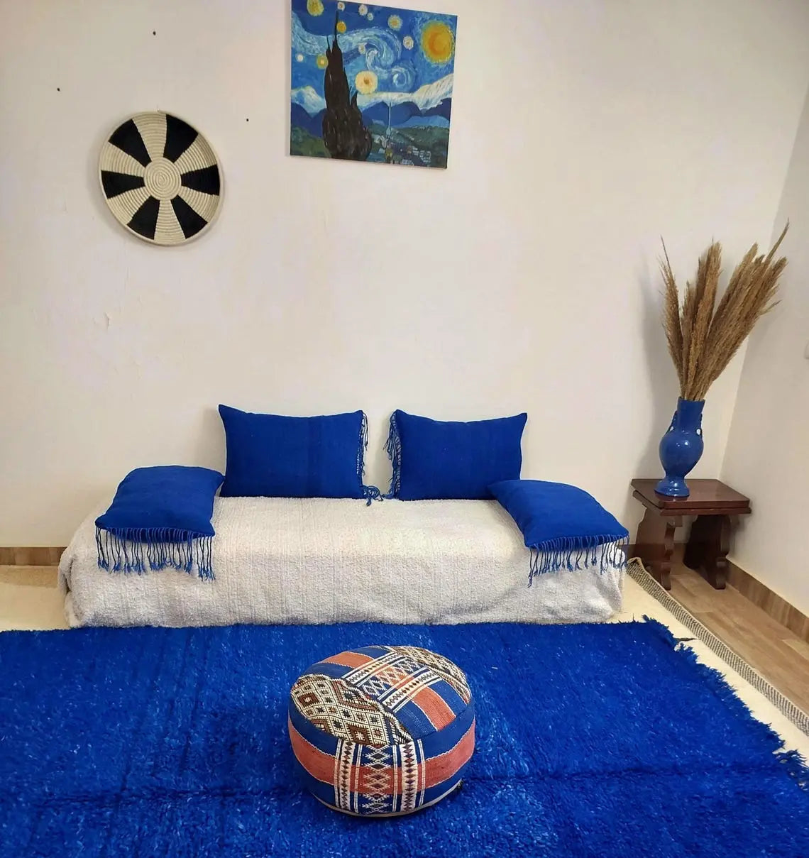 Vintage Blue Wool Pillow Cover 16x24 inches – Handmade from Beni Mguild Blanket with Fringe & Zipper | Moroccan Lumbar Cushion MoroccanBazzArts