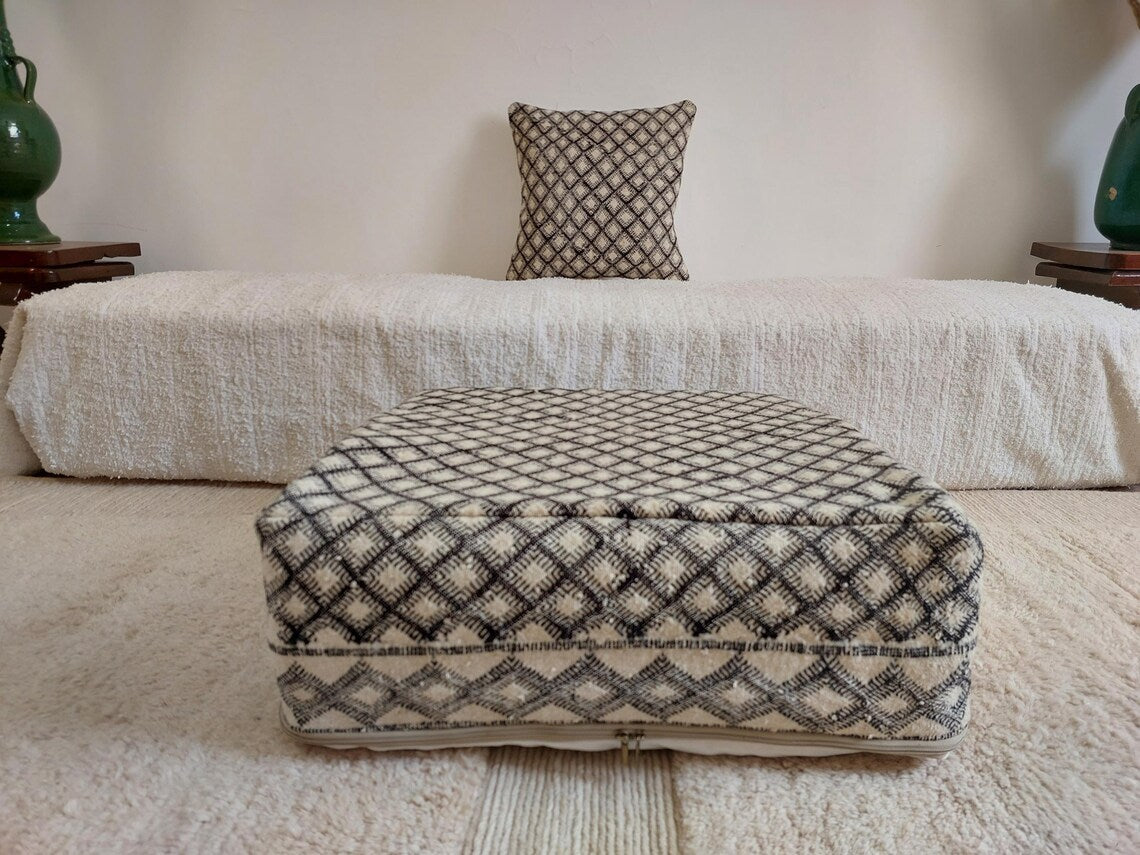 Vintage Moroccan Kilim Pouf: Handmade Berber Floor Cushion, Wool Ottoman, In Black And White MoroccanBazzArts