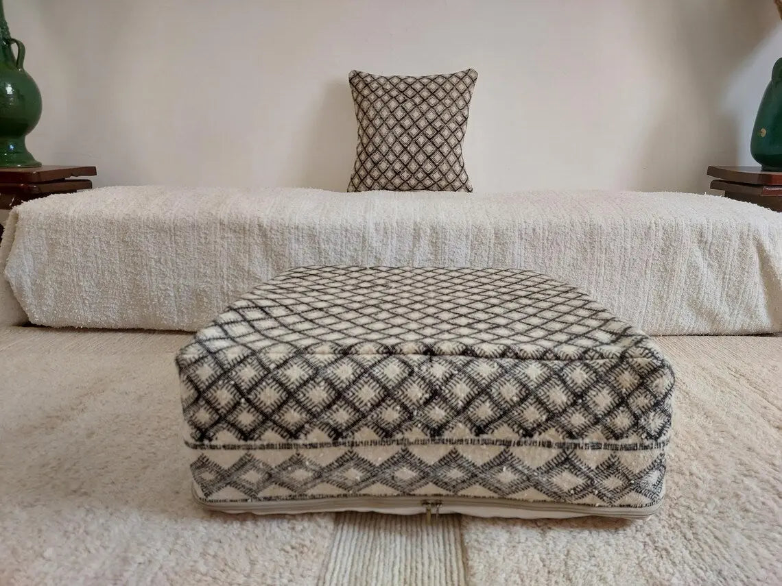 Vintage Moroccan Kilim Pouf: Handmade Berber Floor Cushion, Wool Ottoman, In Black And White MoroccanBazzArts