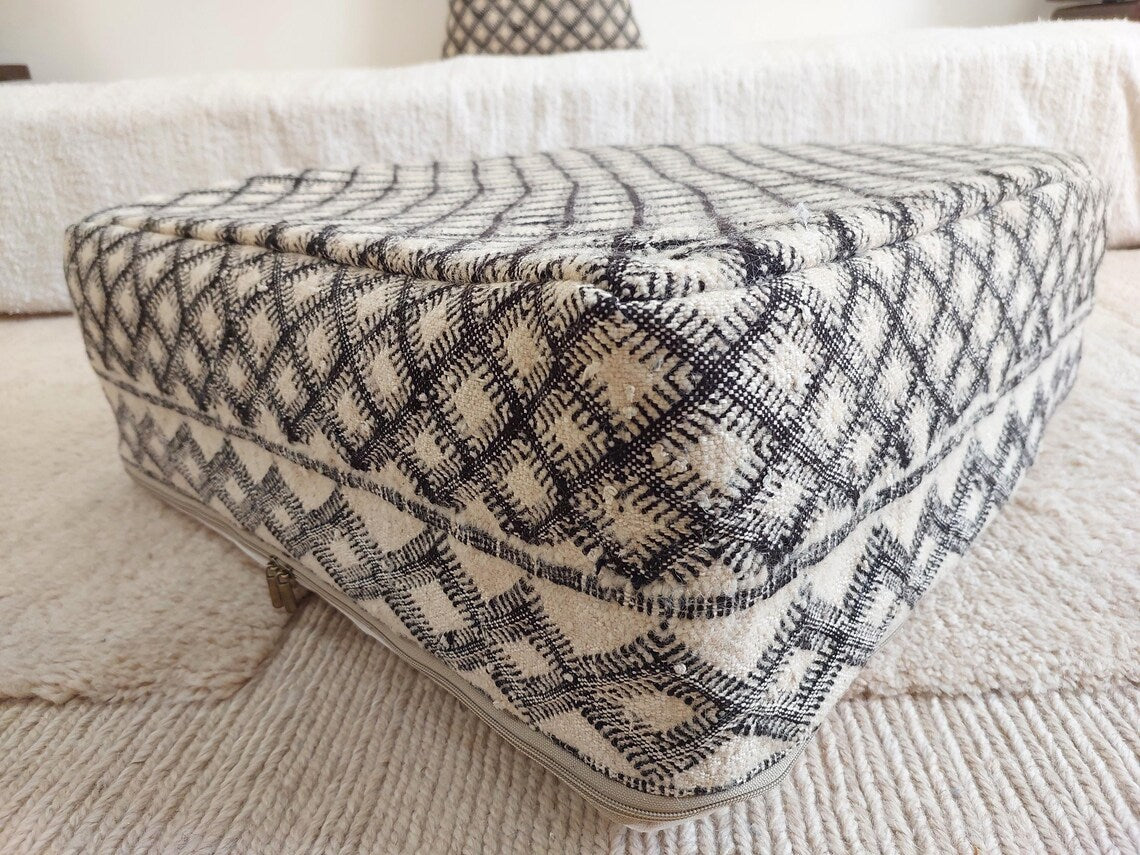 Vintage Moroccan Kilim Pouf: Handmade Berber Floor Cushion, Wool Ottoman, In Black And White MoroccanBazzArts