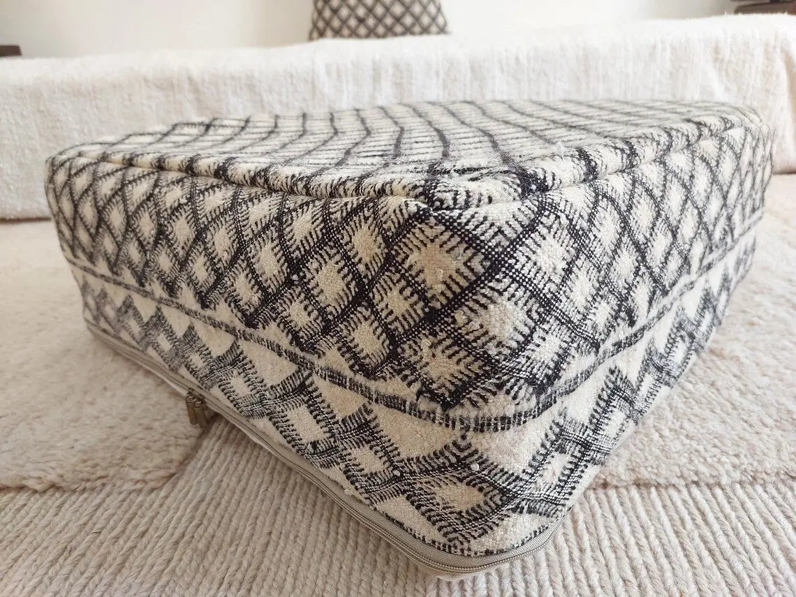 Vintage Moroccan Kilim Pouf: Handmade Berber Floor Cushion, Wool Ottoman, In Black And White MoroccanBazzArts