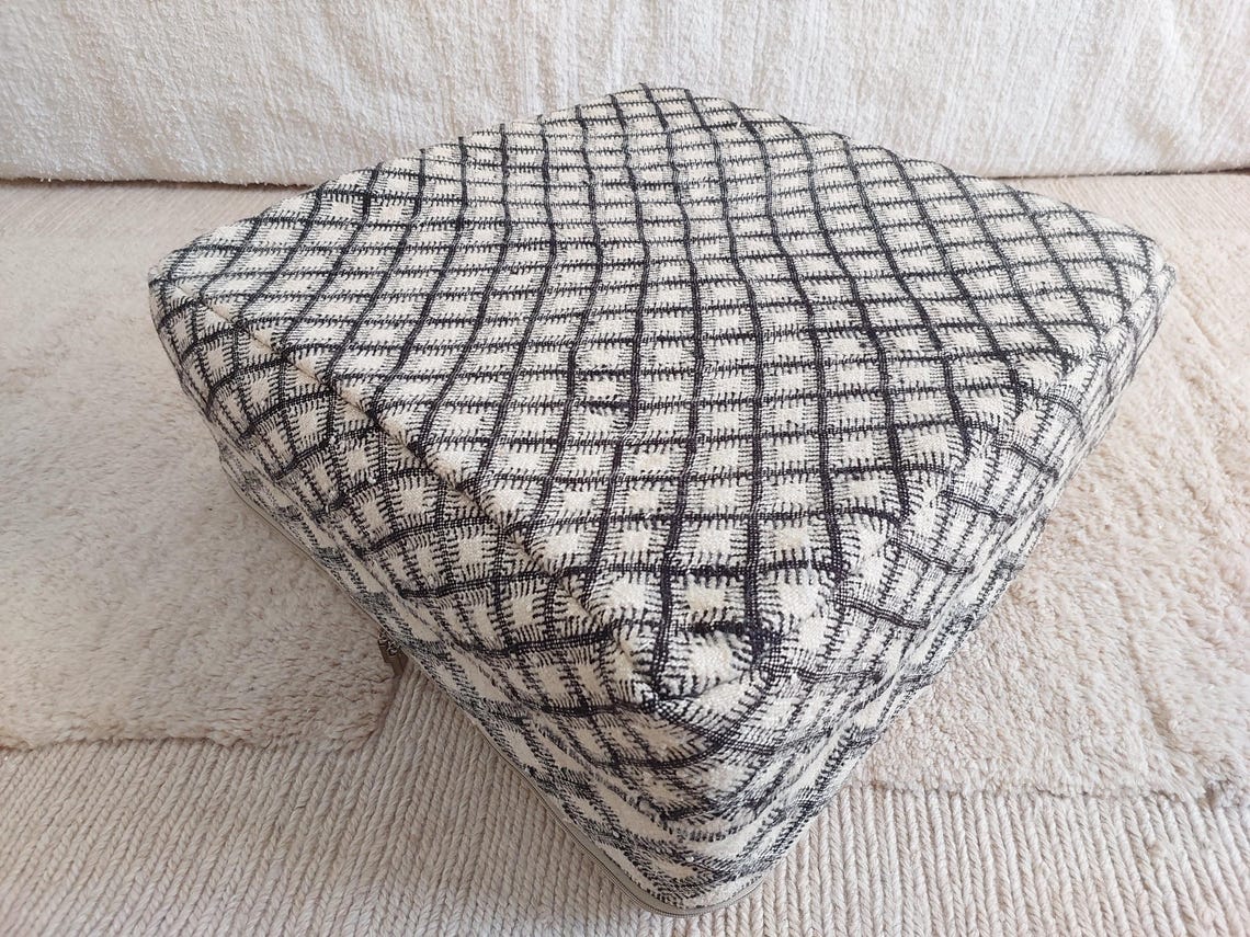 Vintage Moroccan Kilim Pouf: Handmade Berber Floor Cushion, Wool Ottoman, In Black And White MoroccanBazzArts