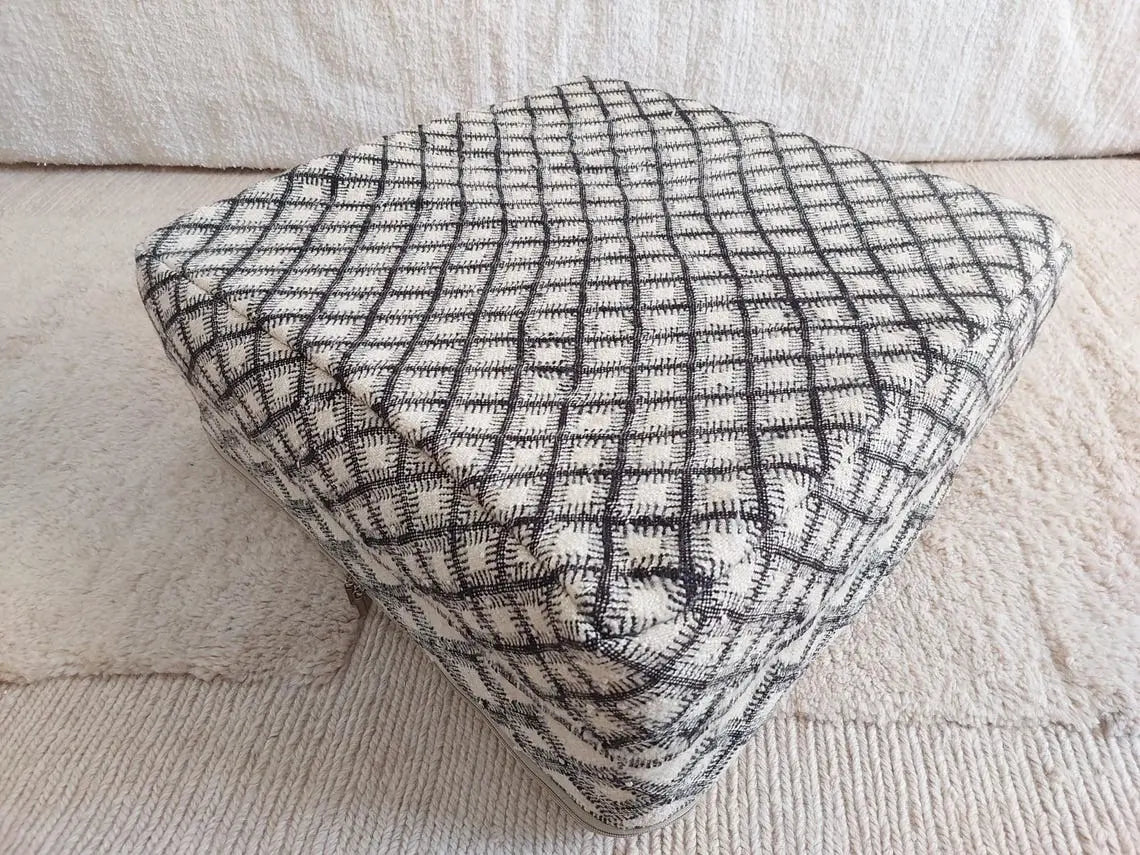Vintage Moroccan Kilim Pouf: Handmade Berber Floor Cushion, Wool Ottoman, In Black And White MoroccanBazzArts