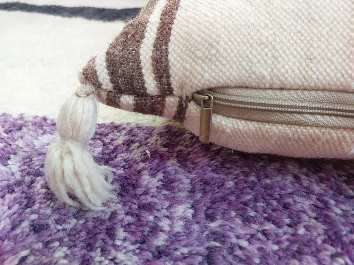 Set Of Two Striped Berber Wool Cushion With Pom Pom - Handmade From Vintage Woolen Blanket MoroccanBazzArts
