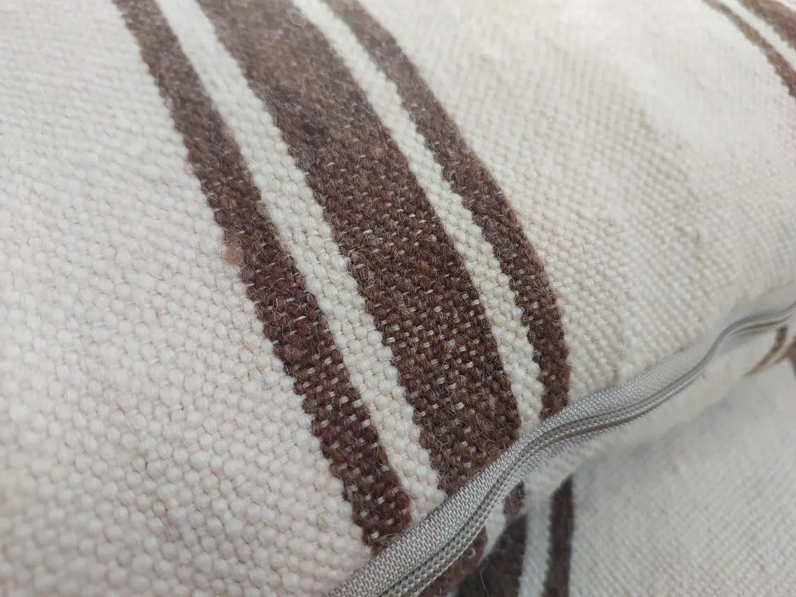 Set Of Two Striped Berber Wool Cushion With Pom Pom - Handmade From Vintage Woolen Blanket MoroccanBazzArts