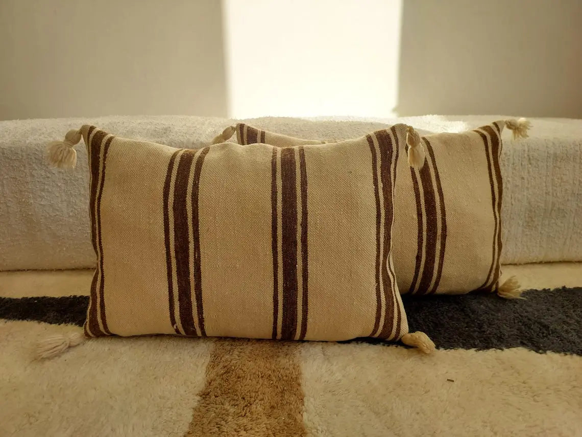 Set Of Two Striped Berber Wool Cushion With Pom Pom - Handmade From Vintage Woolen Blanket MoroccanBazzArts